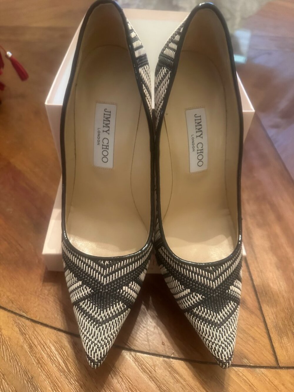 Jimmy Choo Abel Pump  black/white geometric print woven and patent leather